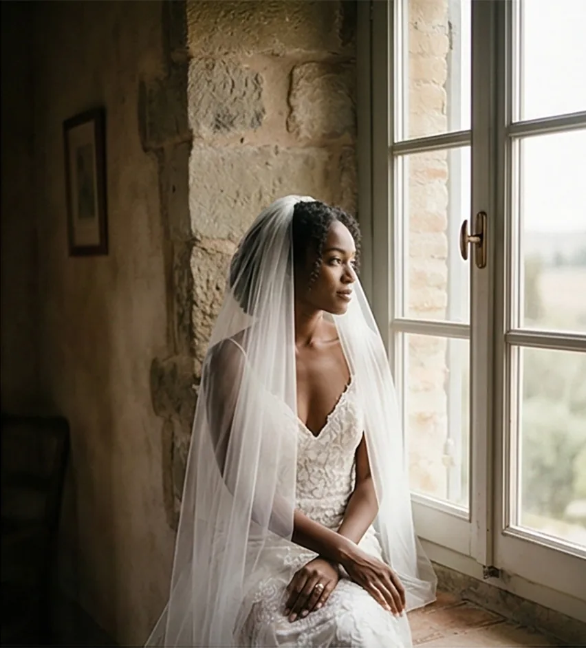 Miami Editorial Wedding Photographer Bride in a beaded lace gown and full tulle veil seated in soft window light against a bare stone wall, looking out toward the countryside