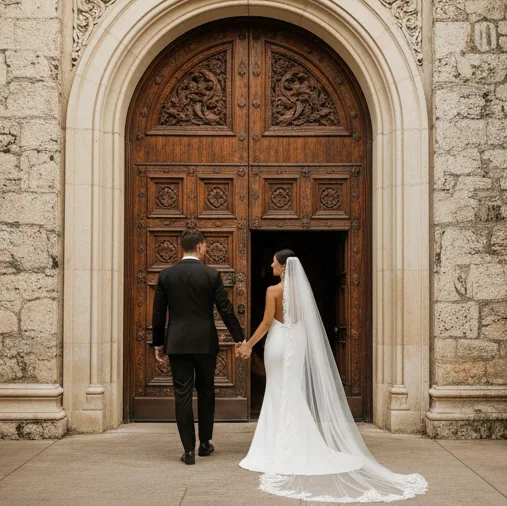 Miami Editorial Wedding Photographer Bride in a fitted gown with a cathedral-length veil and groom in a black tuxedo holding hands as they face carved wooden doors set into a Mediterranean-revival stone archway