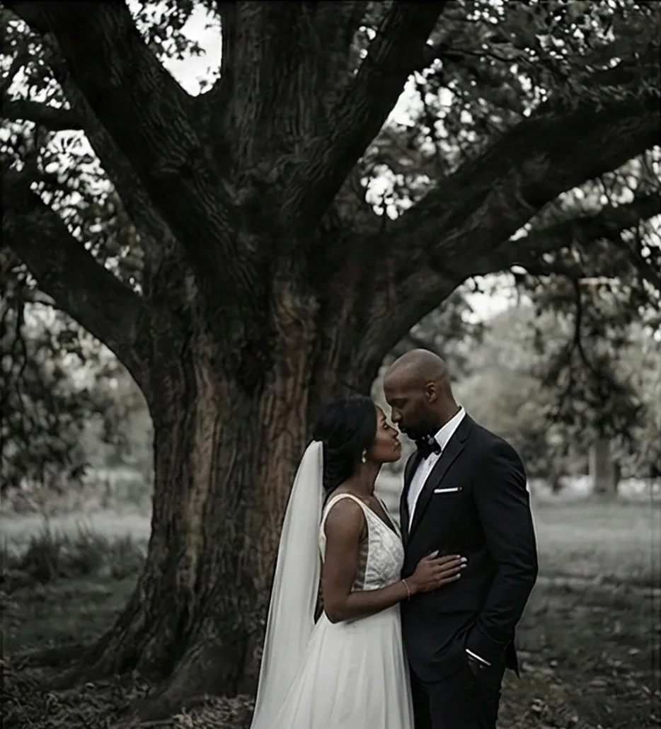 Miami Editorial Wedding Photographer Bride in a v-neck gown with a long veil and groom in a black tuxedo standing forehead to forehead beneath the sprawling canopy of an old live oak