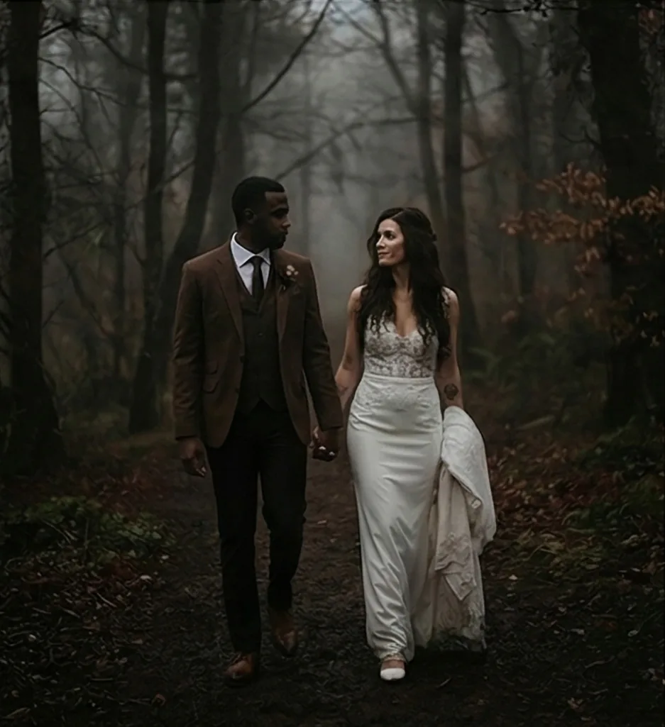 Miami Editorial Wedding Photographer Bride in a lace slip gown carrying her coat and groom in a brown three-piece tweed suit walking hand in hand down a fog-covered woodland path