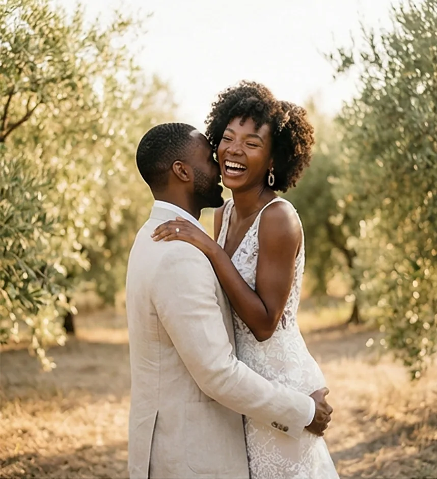 Miami Editorial Wedding Photographer Bride in a beaded lace gown laughing openly as her groom in a cream linen suit holds her close in a sunlit olive grove