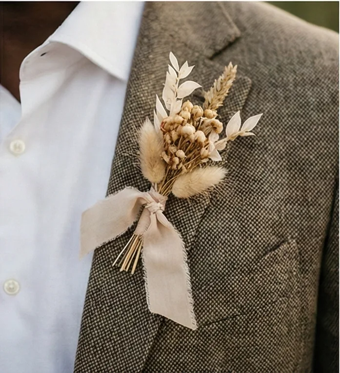 A dried floral boutonniere pinned to a tweed lapel, photographed close