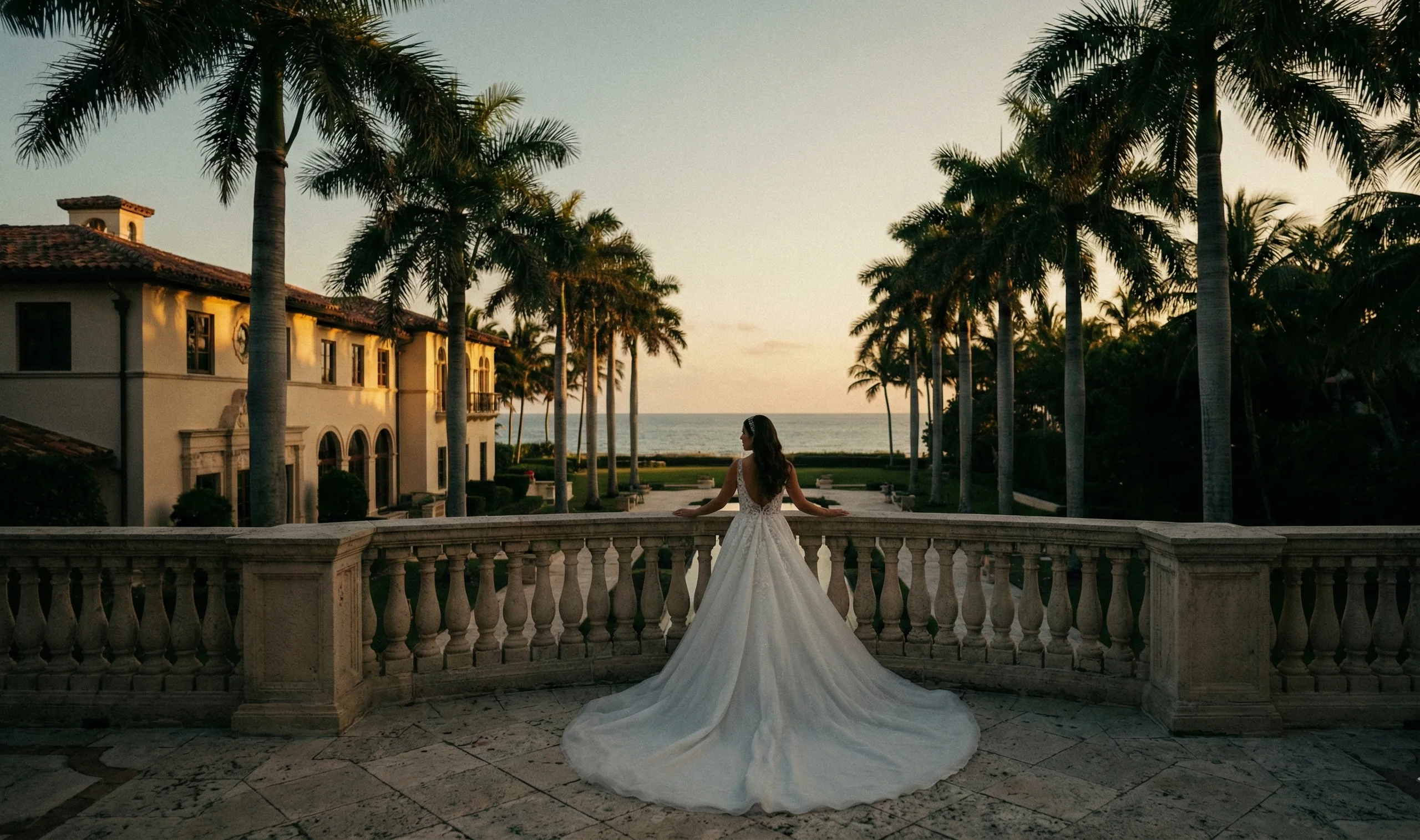 Bride in a full ballgown with a cathedral-length train standing at a stone balustrade on an oceanfront estate terrace, royal palms and the Atlantic behind her at sunset