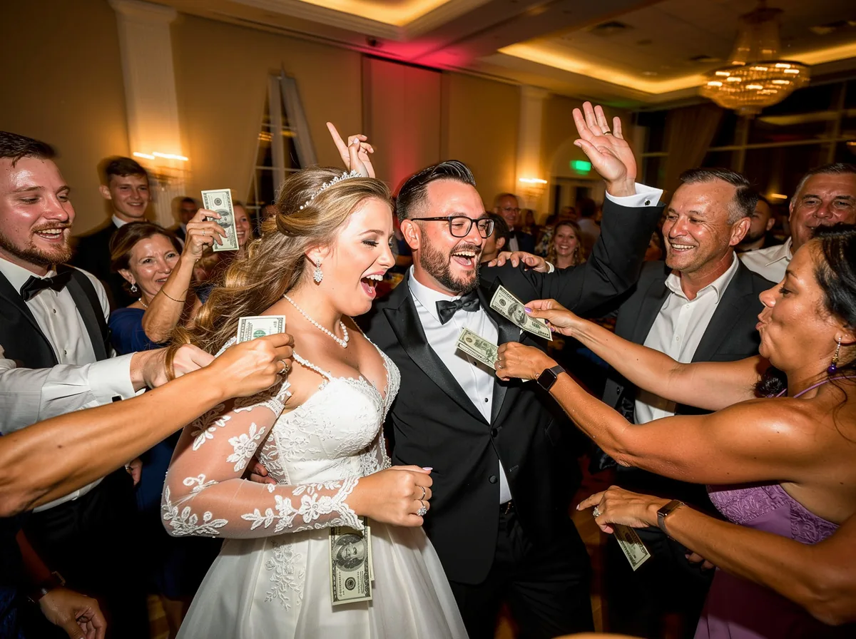 Cuban Wedding Traditions: Ceremony, Money Dance & Reception Wedding guests pinning dollar bills to the bride's gown and the groom's tuxedo during el baile del billete, the Cuban money dance