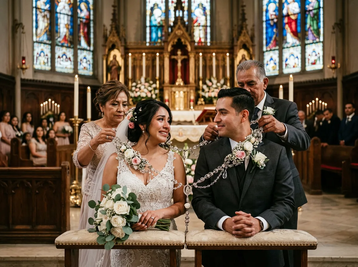 Madrina and padrino lowering a beaded lazo rosary in a figure eight over the shoulders of a bride and groom during a Mexican wedding mass