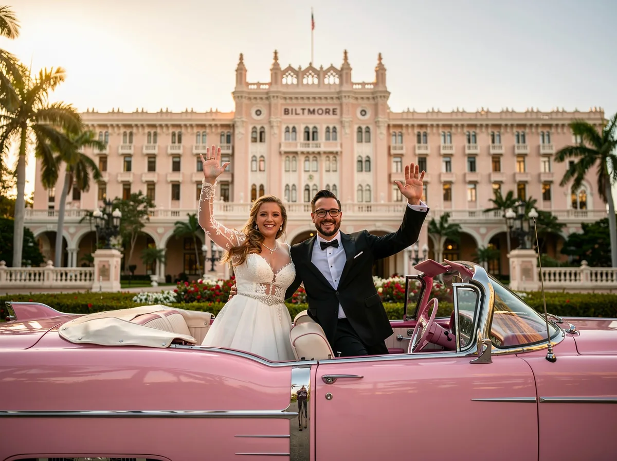 Cuban Wedding Traditions: Ceremony, Money Dance & Reception Bride and groom waving from a pink classic convertible during el paseo, the Cuban wedding parade, outside a South Florida hotel at golden hour