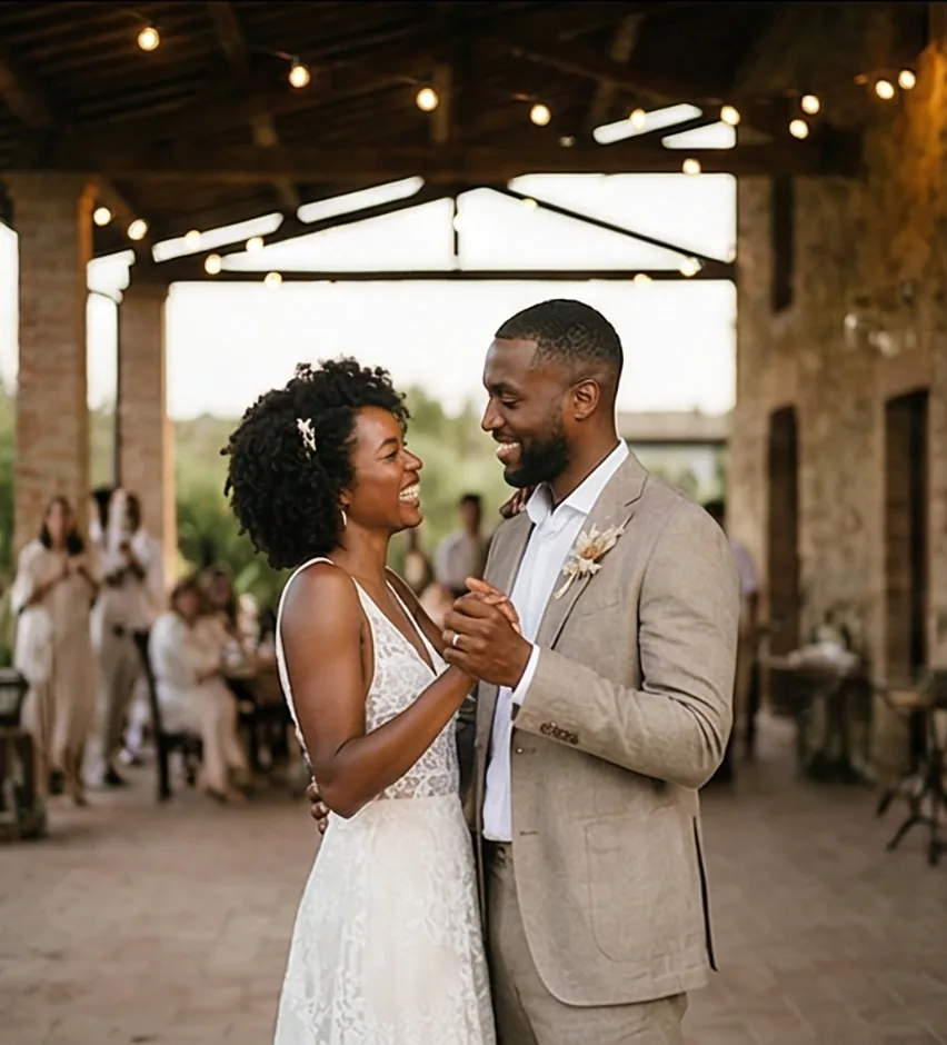 Miami Editorial Wedding Photographer Bride in a lace v-neck gown and groom in a sand-coloured linen suit sharing their first dance under warm string lights in an open stone pavilion