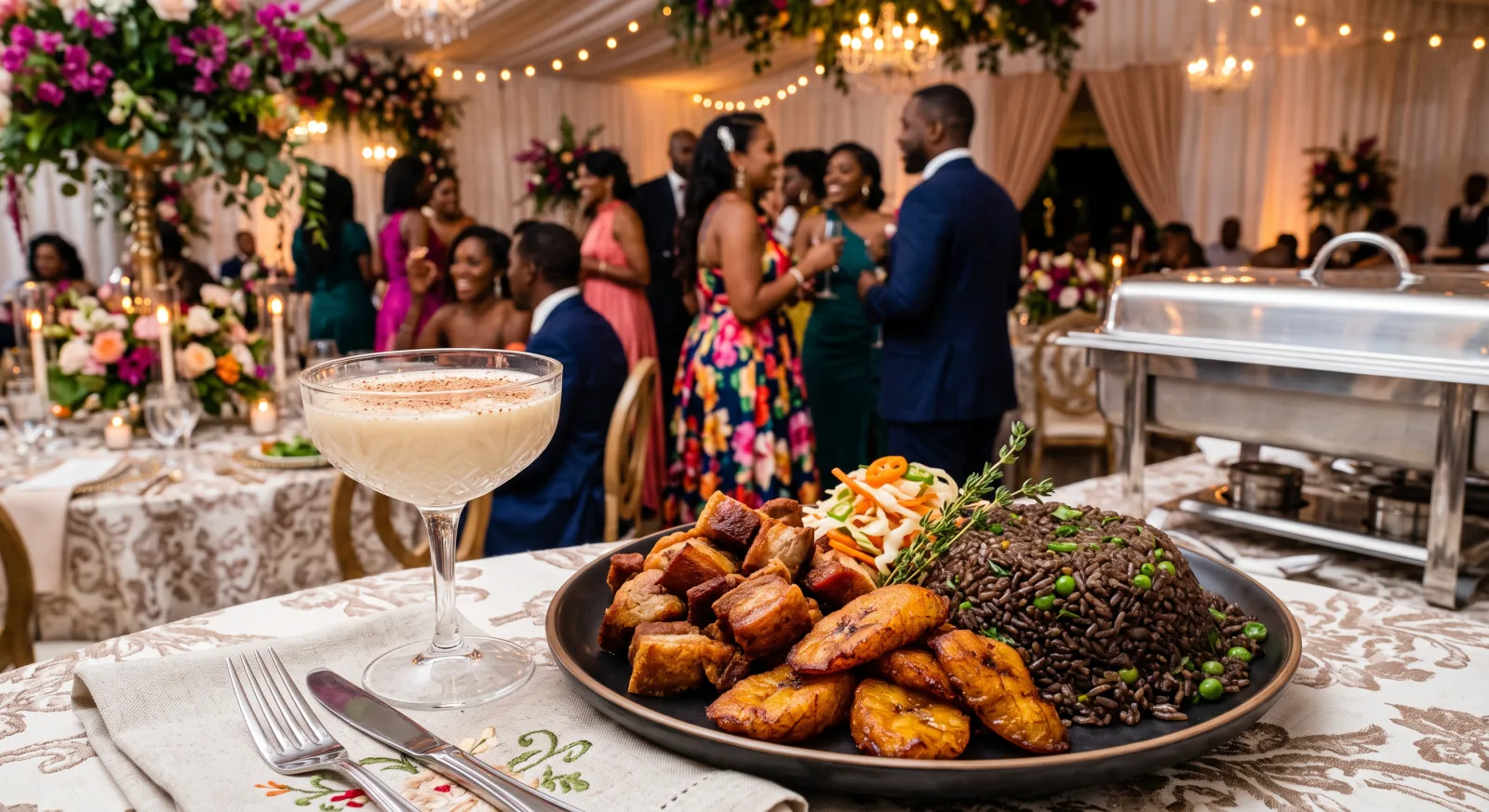 Plate of griot with black mushroom rice, fried plantains and pikliz beside a glass of cremas at a Haitian wedding reception