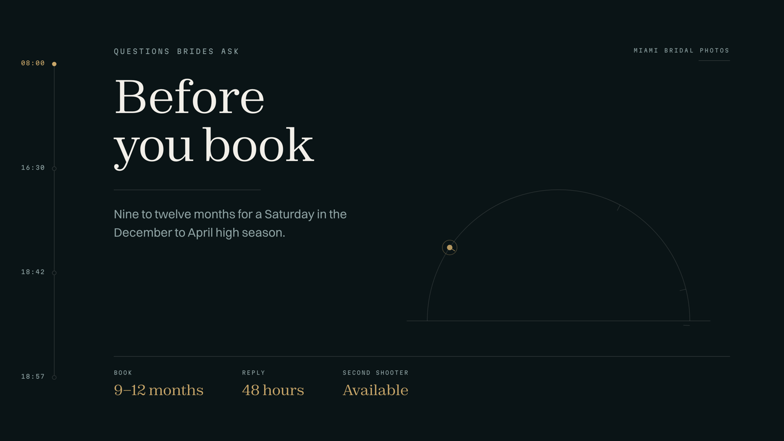 Bridal Photography FAQ Brand graphic card: Before you book — Book 9–12 months, Reply 48 hours, Second shooter Available