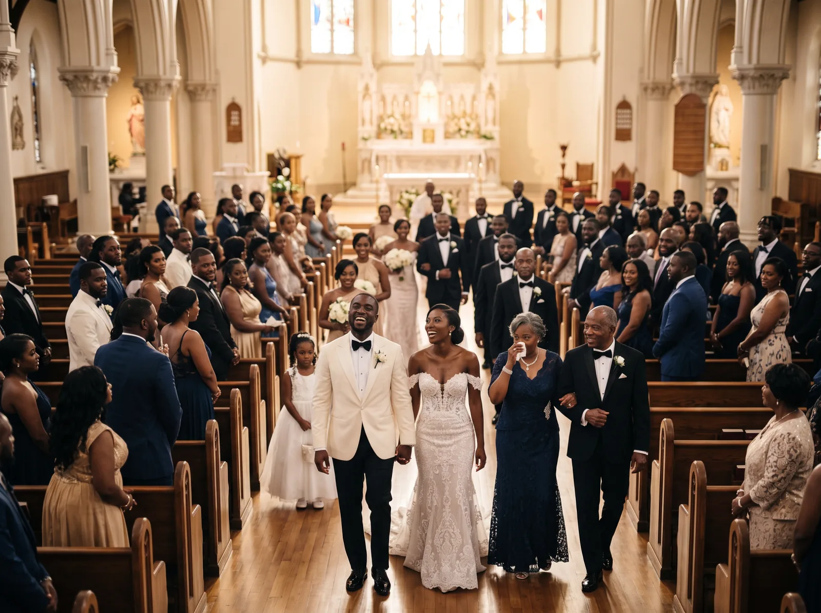 Bride and groom walking back down the aisle hand in hand followed by parents and a packed congregation at a Haitian church wedding