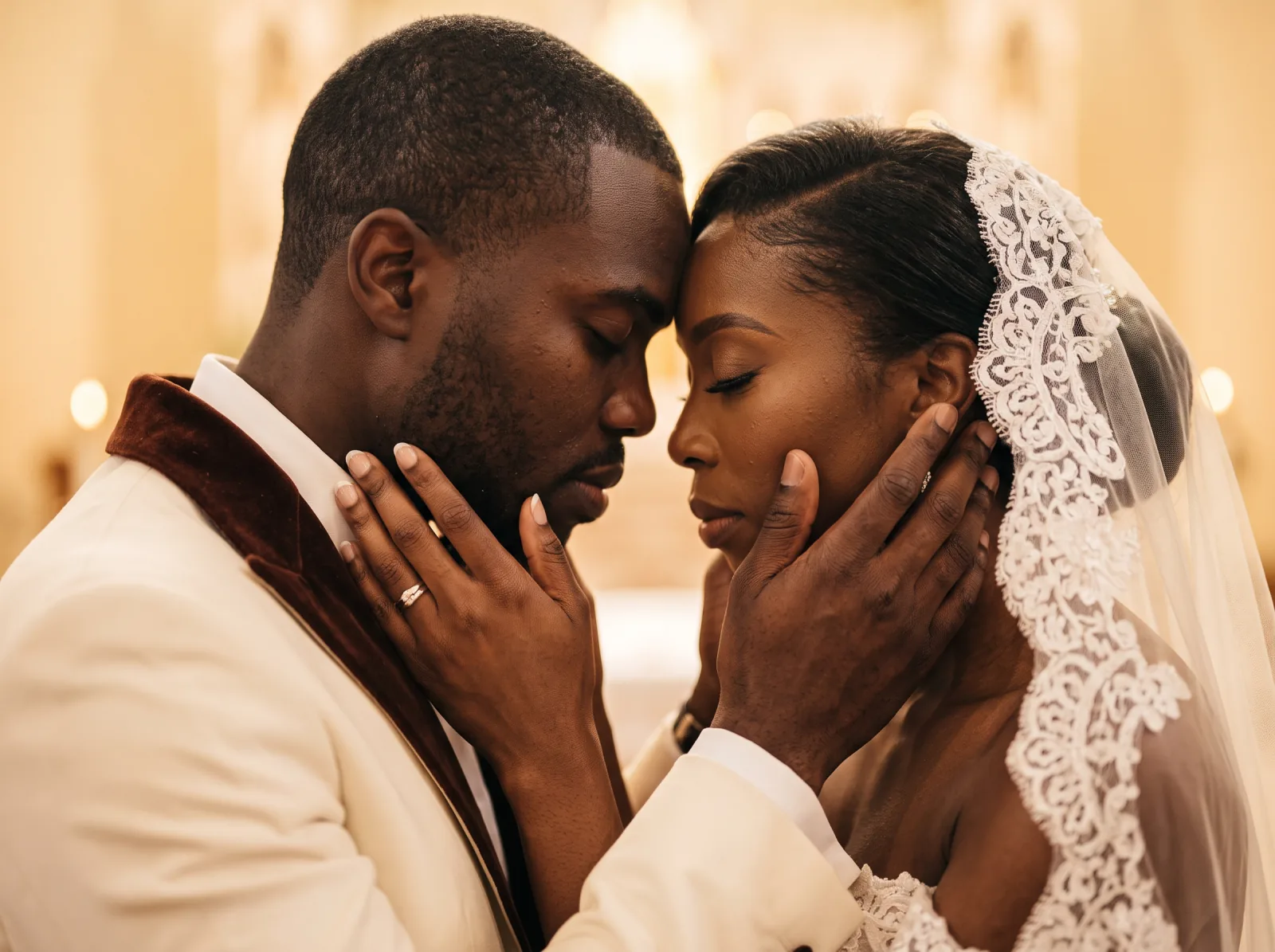 Bride in a lace mantilla veil and groom in an ivory dinner jacket resting forehead to forehead during the vows at a Haitian church wedding
