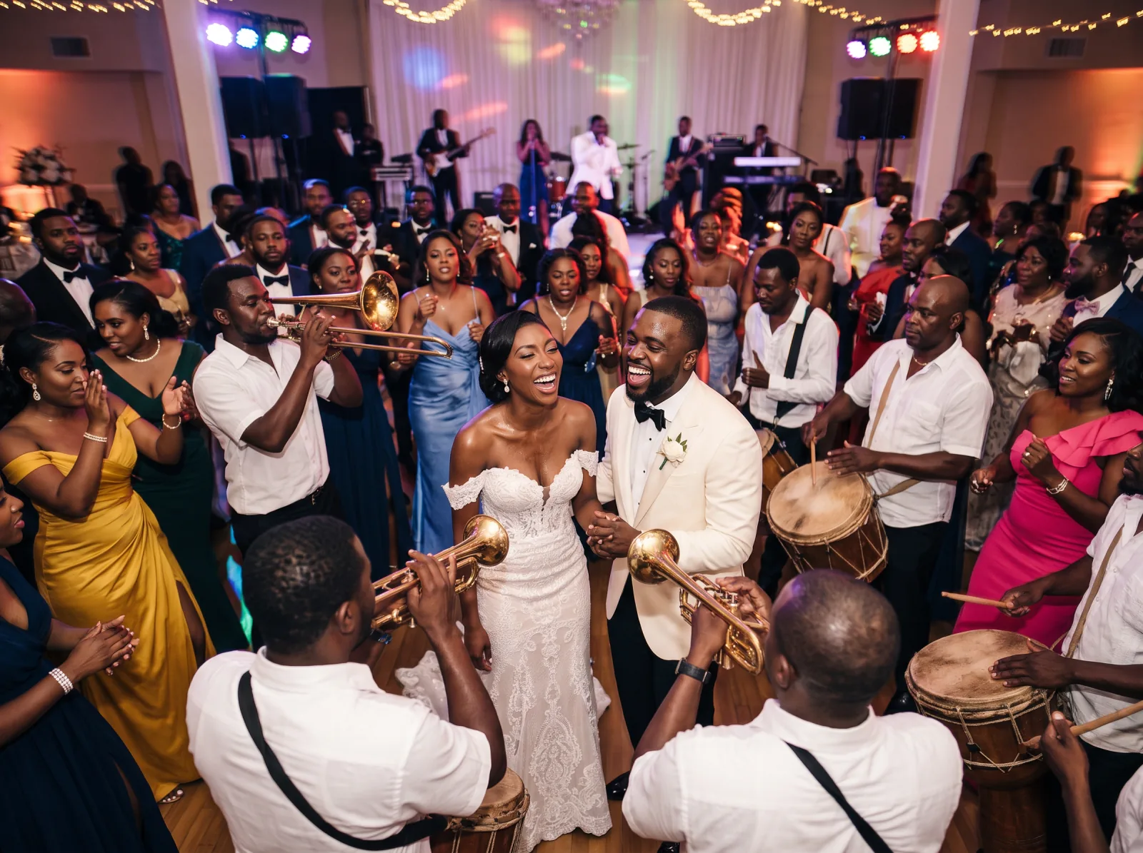 Bride and groom dancing surrounded by horn players and tanbou drummers as guests in bright gowns crowd the floor at a Haitian wedding reception