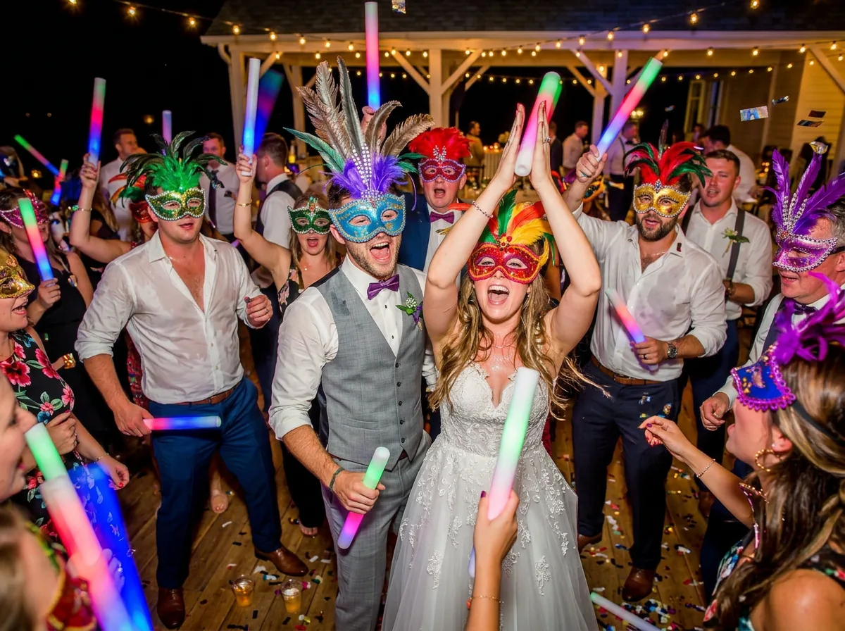 Cuban Wedding Traditions: Ceremony, Money Dance & Reception Bride, groom and guests in feathered carnival masks waving LED foam batons during la hora loca at a Cuban wedding reception
