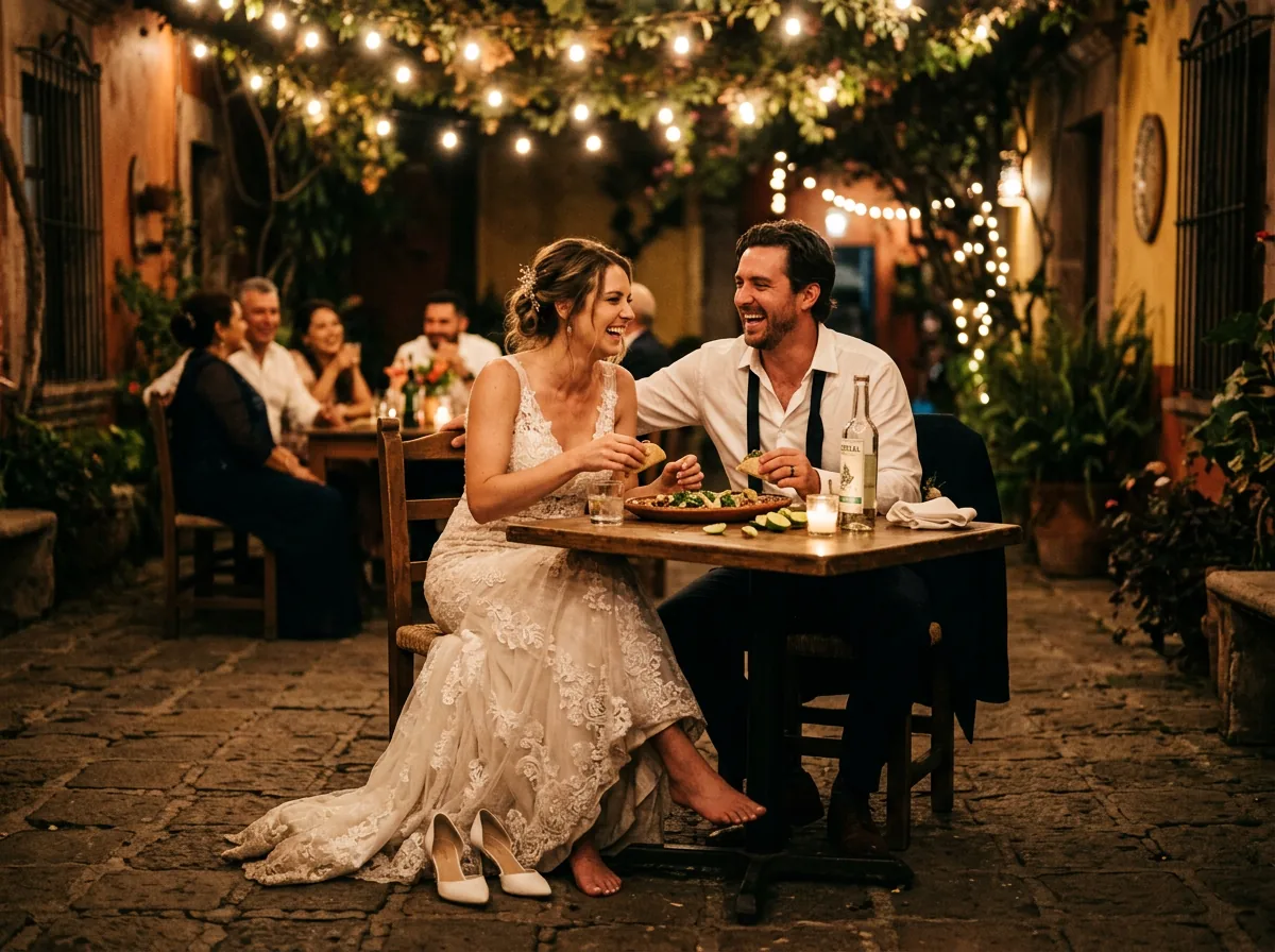Bride and groom laughing over late-night food at a small courtyard table under string lights during la tornaboda, the Mexican wedding after-party
