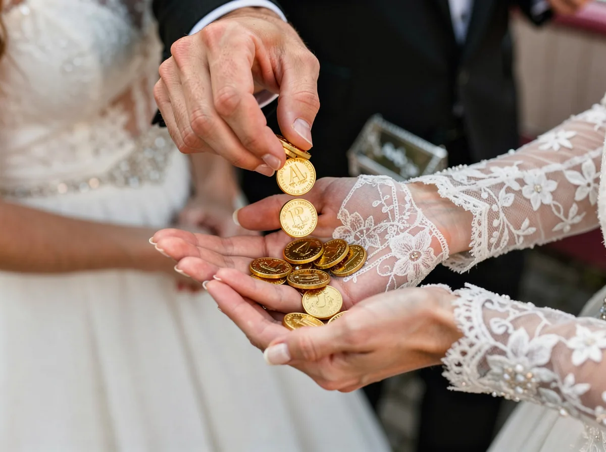 Cuban Wedding Traditions: Ceremony, Money Dance & Reception Padrino pouring thirteen gold arras coins into the cupped hands of the bride and groom during a Cuban wedding ceremony