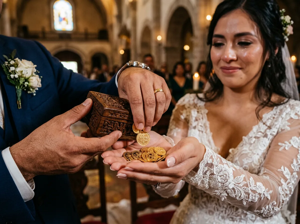Groom pouring thirteen blessed gold arras coins from a carved wooden box into the bride's cupped hands during a Mexican wedding ceremony