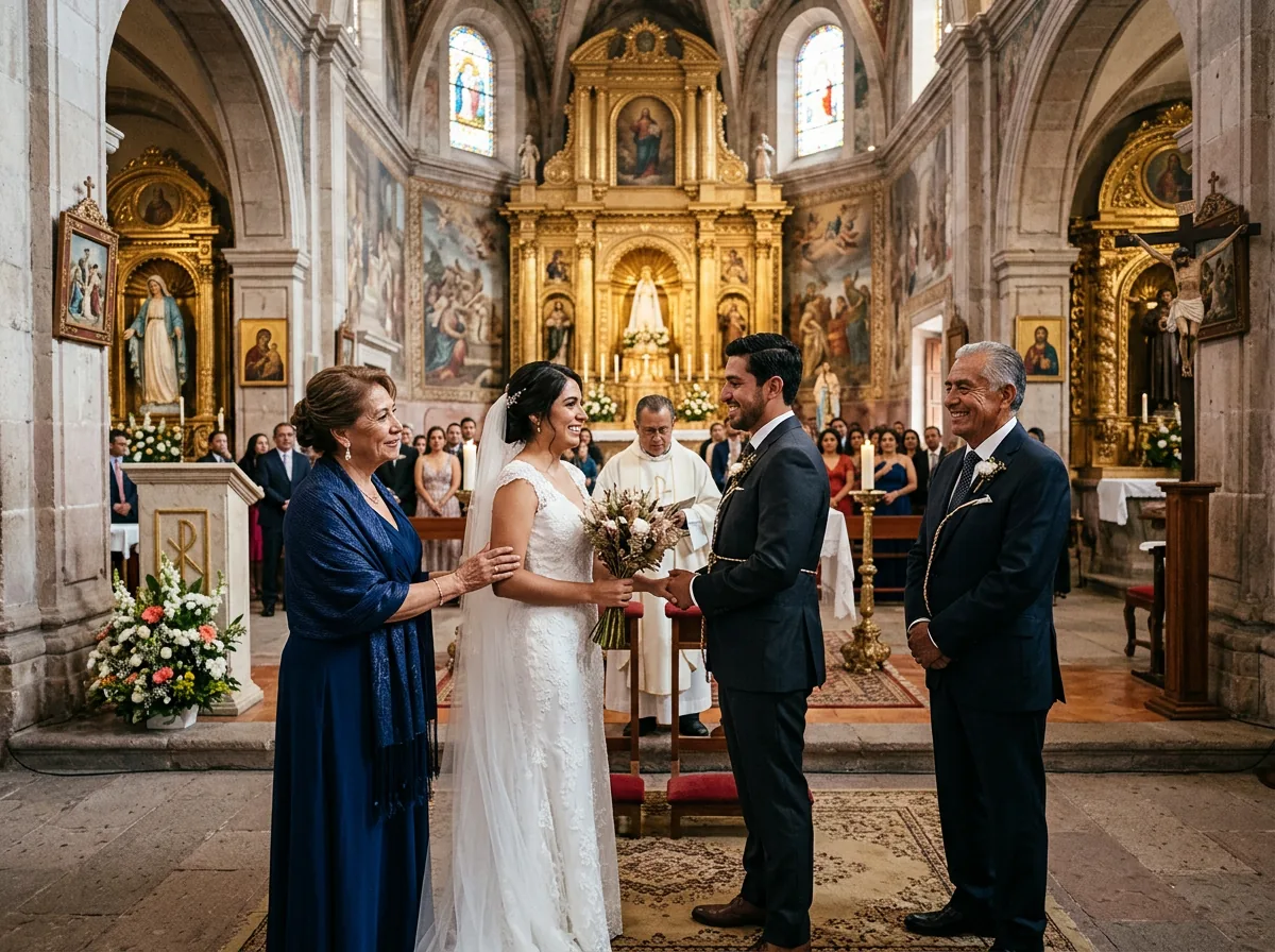 Madrina standing with the bride and a padrino standing with the groom before the priest at a gilded church altar during a Mexican wedding mass