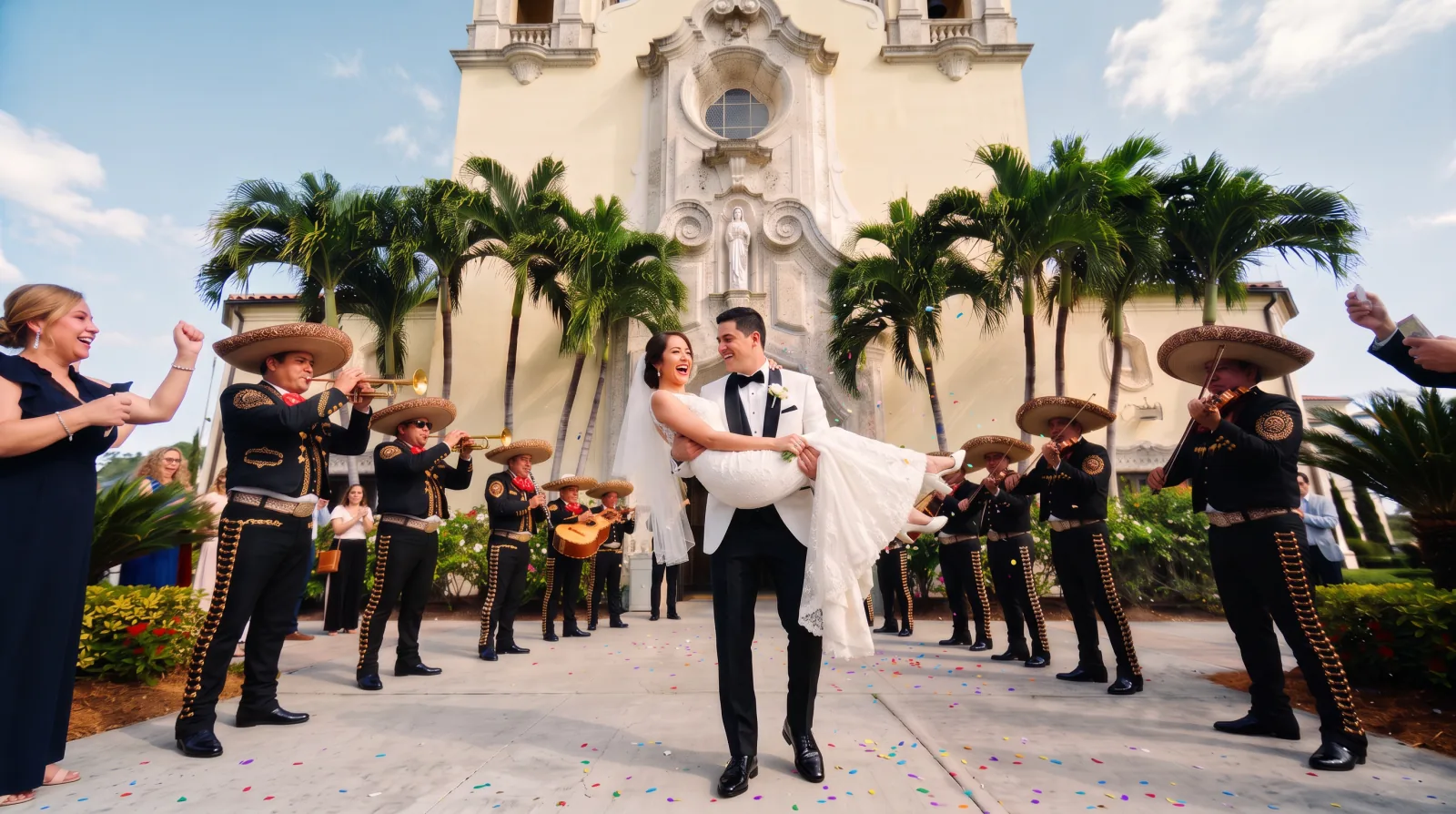 Mariachi band in black traje and sombreros playing trumpet and violin as a groom carries the laughing bride through confetti outside a church