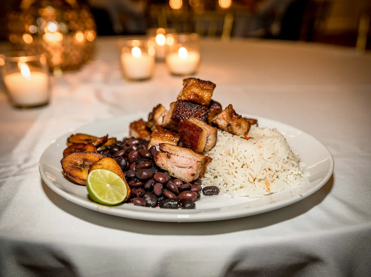Cuban Wedding Traditions: Ceremony, Money Dance & Reception Plate of masitas de puerco with black beans, white rice, fried plantains and a lime wedge on a candlelit Cuban wedding reception table