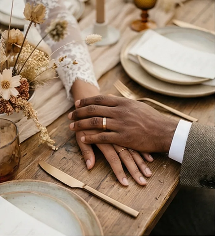 Miami Editorial Wedding Photographer Bride's and groom's hands resting one over the other on a raw wooden reception table set with gold flatware and a dried floral centrepiece